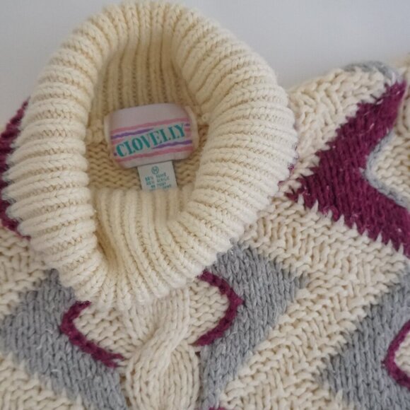 Vintage Clovelly Cream w Maroon Geometric Shape Cable Knit Turtleneck Sweater M - Picture 10 of 10